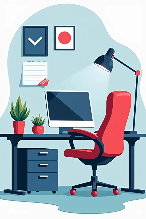 Escritorio moderno con computadora y plantas.